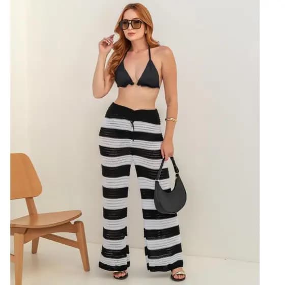 CALÇA saida de PRAIA PANTALONA  com cordão ajuste na cintura listrada tricot verao blogueira trico moda praia