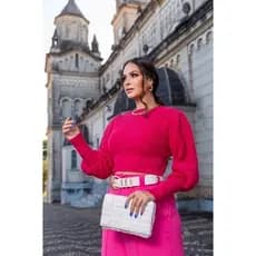Blusa CROPPED Manga Bufante Moda Blogueira Elegante Tricot Inverno