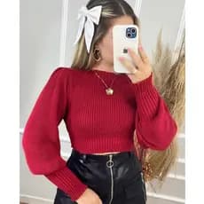 Blusa CROPPED Manga Bufante Tricô Tricot Blusa de Frio Inverno