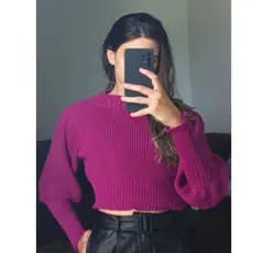 Blusa CROPPED manga bufante com pregas na manga tricot inverno trico moda inverno cropeed de trico