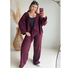 Conjunto Confort Despojado Fio Mousse Premium Casaco Cardigã e Calça Pantalona com Amarração Musse Moda Blogueira