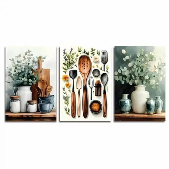Kit 3 Quadros Decorativos Flores Em Vasos E Talheres Plantas Natureza Sala Quarto Cozinha Hall