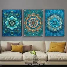 KIT 3 Quadros Mandala Azul Turquesa | Decoração Sala Quarto Zen Moderno