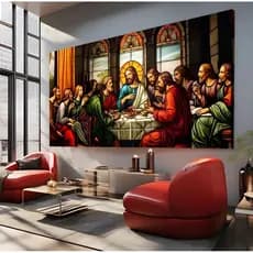 Quadro decorativo Santa ceia Jesus apostolos tons vermelhos 112x82 Grande premium 4k full hd hall