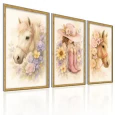 Kit 3 Quadros Decorativos Infantil Menina Cavalo Flores Country Sala Quarto Parede
