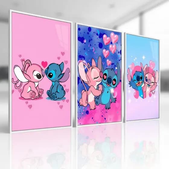 Quadros Decorativos trio Lilo Stitch E Angel Alienígena Azul Animação Excelente Qualidade EXCLUSIVO