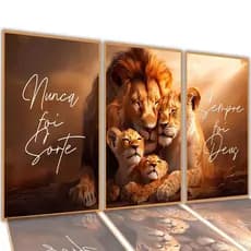 Kit 3 Quadros 122x60 Sala Decorativo Leão Motivação Familia Fé