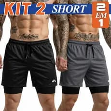 KIT 2 Short Duplo Treino Bermuda 2 em 1 Slidfit Academia Masculino Bolso Interno Original Bordbless