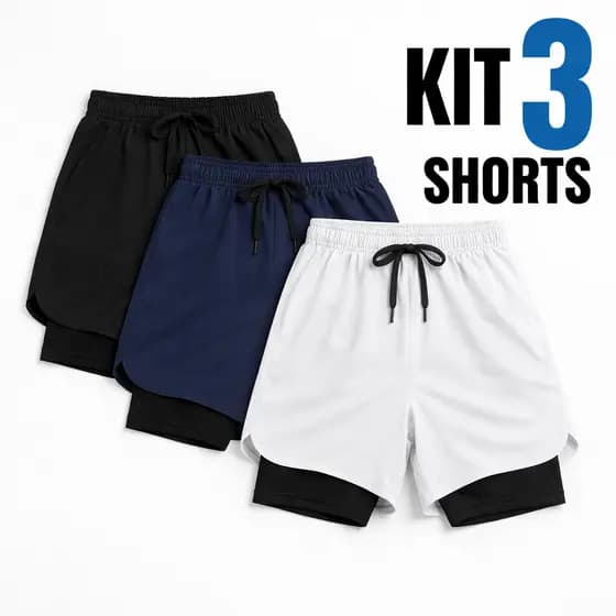 KIT 3 Short 2 em 1 Masculino Bermuda Bolso Interno Academia Treino Corrida Ultra Leve