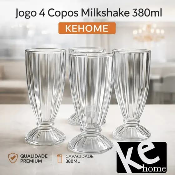 Jogo 4 Copos Milkshake 380ml - Kehome / Copo Vidro Bebidas Sobremesa Mesa Kit Conjunto Luxo
