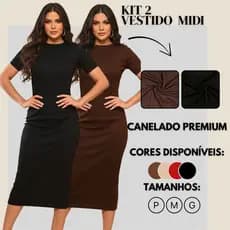 Kit 2 Vestido Midi Canelado Moda Evangélica Básico Preto Igreja Passeio Social Casual