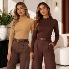 Kit 2 Blusinha Casual Feminina Manga Longa Slim Cacharrel Segunda Pele Blusinha Preta Frio