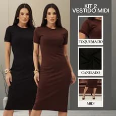 Kit 2 Vestido Canelado Midi Básico Trabalho Evangélica Casual Social Vestido Igreja Casamento