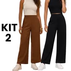 Kit 2 Calça Pantalona Feminina Cintura Alta Wide Leg Elegância Casual e Versátil Dia a Dia