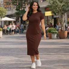 Vestido Feminino Midi Canelado Trabalho Básico Casamento Casual Vestido Elegante