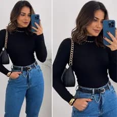 Blusinha Manga Longa Gola Alta Cacharrel Preta Frio Tendência São João Moda Frio Inverno