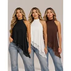 Blusa Assimétrica Feminina Renda Gola Alta Frente Única Suede Tendência Inverno