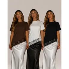 Blusa Feminina Casual Branca com Detalhe em Renda Camiseta Moderna Look Elegante