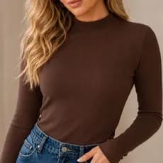 Blusa Feminina Gola Alta Canelada Manga Longa Justa Cacharrel Básico Elegante Frio Inverno