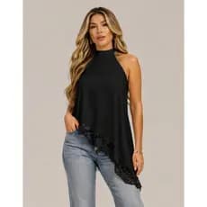 Blusa Feminina Assimétrica Com Renda Tendencia Viral Inverno Gola Alta Chique