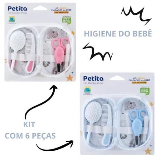 Kit Higiene Bebê 6 Peças com Necessaire – Cortador de Unha, Tesoura, Adaptador de Cortador, Pente e Escova de Cabelo