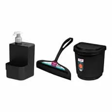 Kit Pia 3 Peças Lixeira + Dispenser e Rodinho de Cozinha Preto Cozinha Sanremo & Ou