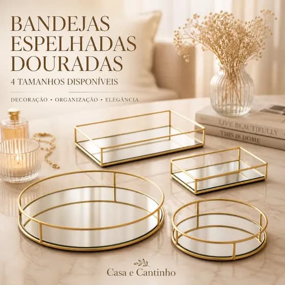 Bandeja com Espelho Decorativa Espelhada Multiuso Retangular ou Redonda para Penteadeira ou Banheiro