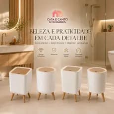 Lixeira De Plástico 9/8 Litros Branca Pés De Bambu Tampa Click De Pressão Cozinha Banheiro