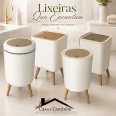 Lixeira De Plástico 9 ou 7 Litros Branca Com Pés e Tampa Click De Pressão Cozinha Banheiro Lavabo