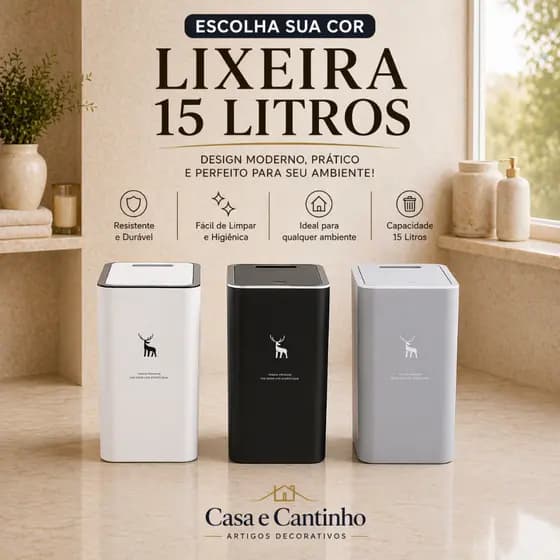 Lixeira de Premium Compacta 15L com Tampa Click Para Cozinha Escritório Multiuso