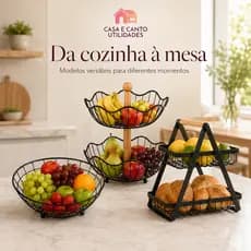 Fruteira de Mesa 2 Andares Ferro e Madeira Premium Organizador Cesto de Frutas Decorativa de Bancada