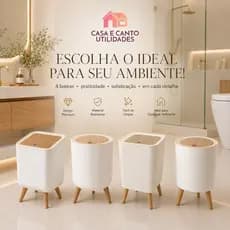 Lixeira De Plástico 9L Branca Quadrada Com Pés De Bambu Tampa Click De Pressão Cozinha Banheiro