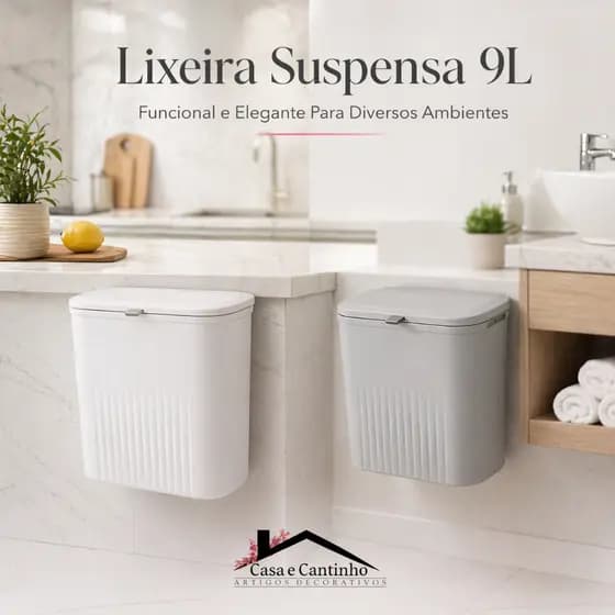 Lixeira Suspensa 9 Litros Com Tampa Suporte Alto De Adesivos Para Cozinha Lavabo Banheiro Resistente