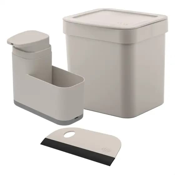 Kit Dispenser Porta Detergente 550ml  Liv  Sabão Bucha Com Rodinho e Lixeira 2,5 Litros de Pia Ou