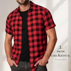 LK Xadrez Camisa Social Estampada  Masculina manga curta festa junina