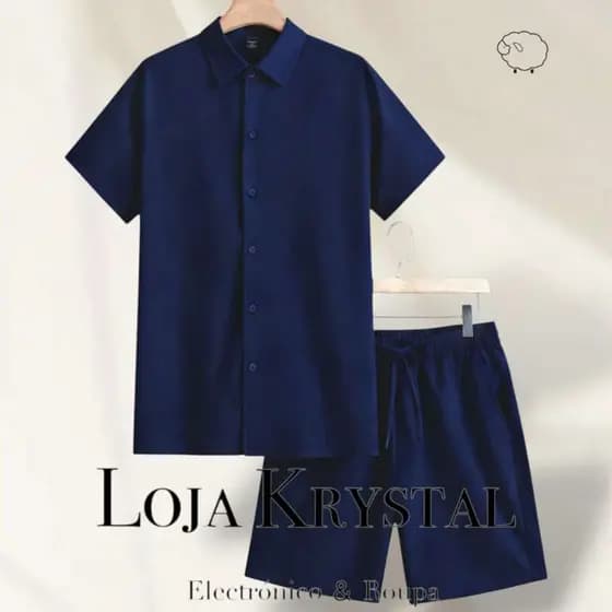 Camisa Conjunto lisa Masculina Slim Fite Manga Curta Férias Na Praia Bolso Botão Crepinho