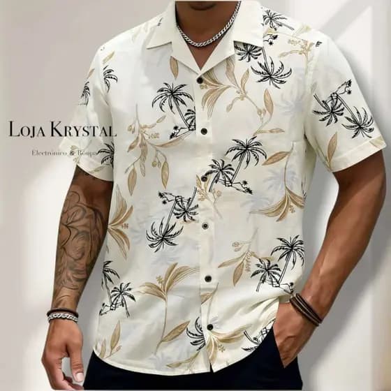 LOJA KRYSTAL floral camisa 24 havaiana praia verão masculino manga curta de botão tecido viscose