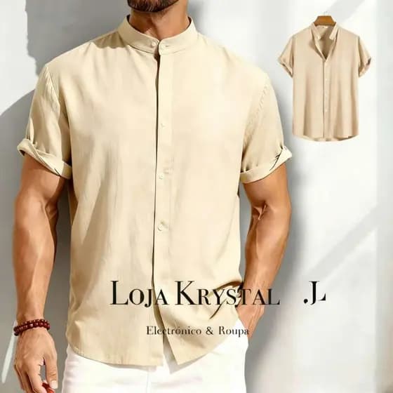 LK Camisa Social Masculina Gola Padre de Luxo Com Manga Curta Slim Fit Viscolinho Tecido Premium