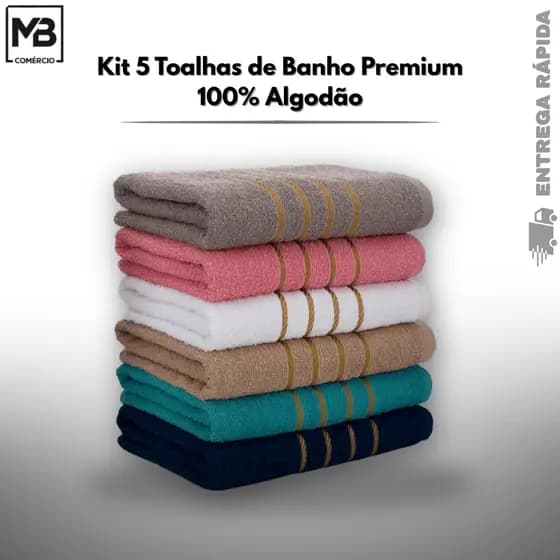 Kit 5 Toalhas de Banho Premium 100% Algodão Grandes, Super Macias, Absorventes de Alta Durabilidade