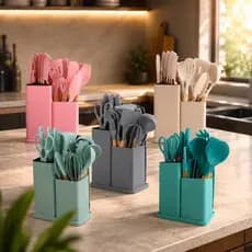 Kit Jogo Utensílios de Cozinha Luxo 19 Peças Pequeno Com Tábua em Silicone Pequeno