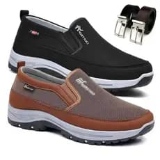 Kit 2 Pares Tenis Sapatilha Mocasssin Casual Masculino Ortopedico Leve de Trilha Com Solado Confortável + Cinto Duplo