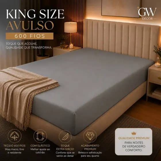 Lençol King Size Avulso 600 Fios com Elástico em Toda a Volta Canto de 40cm Acetinado Algodão