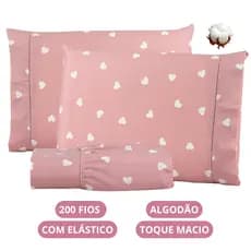 Jogo de Lençol Corações Algodão 200 Fios Solteiro Casal Queen King Toque Macio C/ Elástico