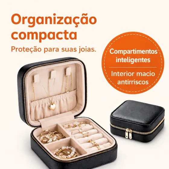 Porta Jóias Viagem Preto Estojo Organizador de Joias Compacto Porta Anel Brincos Colares Acessórios Femininos