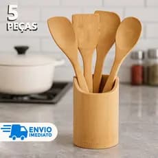 Jogo de Talheres de Bambu 5 Peças | Utensílios Ecológicos Resistentes que Não Risca Panelas