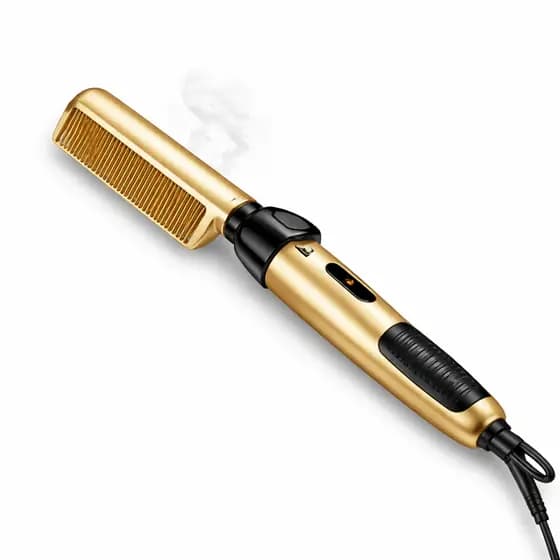 Escova Pente Alisador Elétrico Profissional Hot Comb Dourado Aquecimento Rápido Anti Frizz