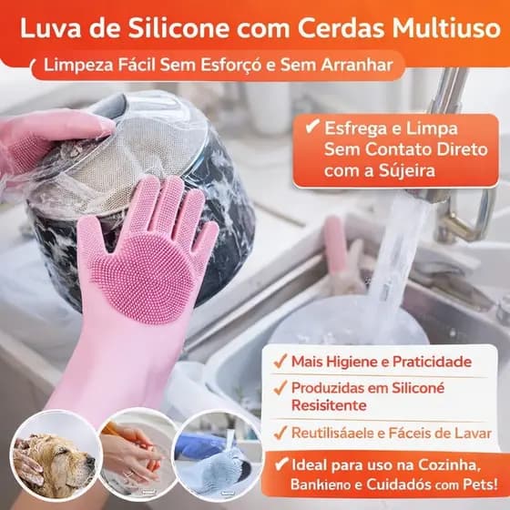 Luva de Silicone com Cerdas Multiuso – Limpeza Fácil Sem Esforço e Sem Arranhar