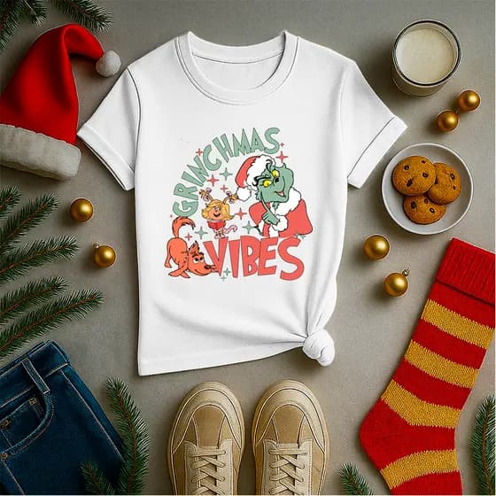 Camiseta Adulto e Infantil Unissex Para o Natal Excelente Qualidade Estampa Grinch Vibes