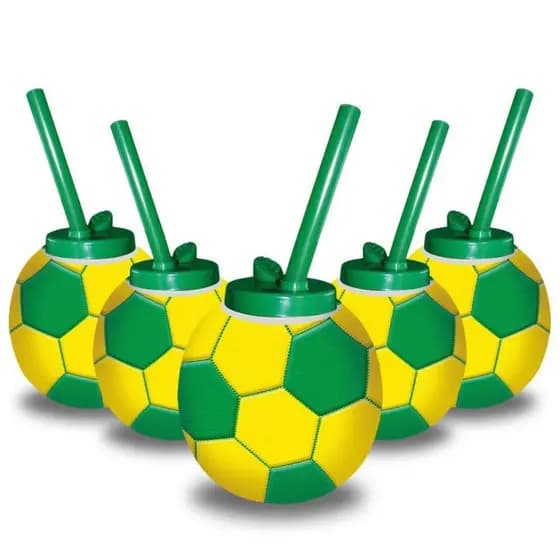 KIT COPOS FORMATO BOLA DE FUTEBOL BRASIL VERDE E AMARELO LEMBRANCINHA COPA DO MUNDO ANIVERSÁRIO FESTAS DECORATIVO