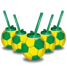 KIT COPOS FORMATO BOLA DE FUTEBOL BRASIL VERDE E AMARELO LEMBRANCINHA COPA DO MUNDO ANIVERSÁRIO FESTAS DECORATIVO